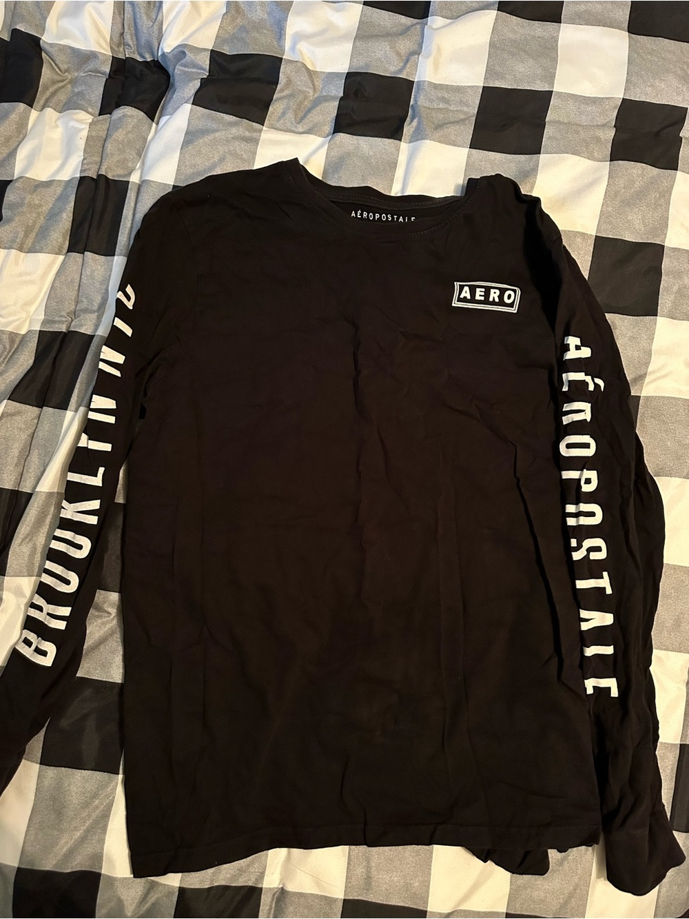 Aeropostale Men's Black Long Sleeve 'AERO' Graphic Tee with Sleeve Text